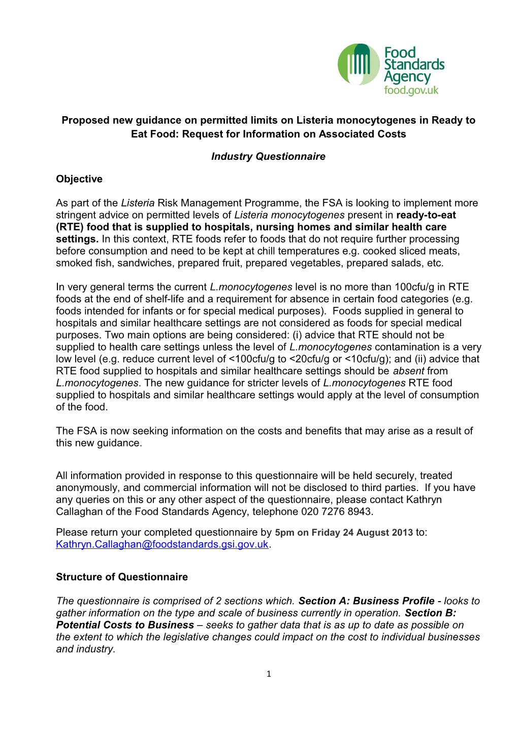 Industry Questionnaire for Listeria