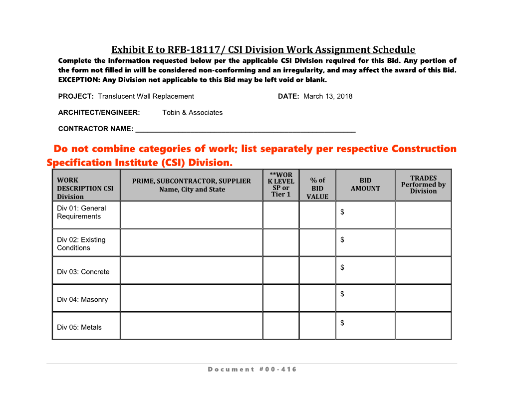 Exhibit Eto RFB-18117/ CSI Division Work Assignmentschedule