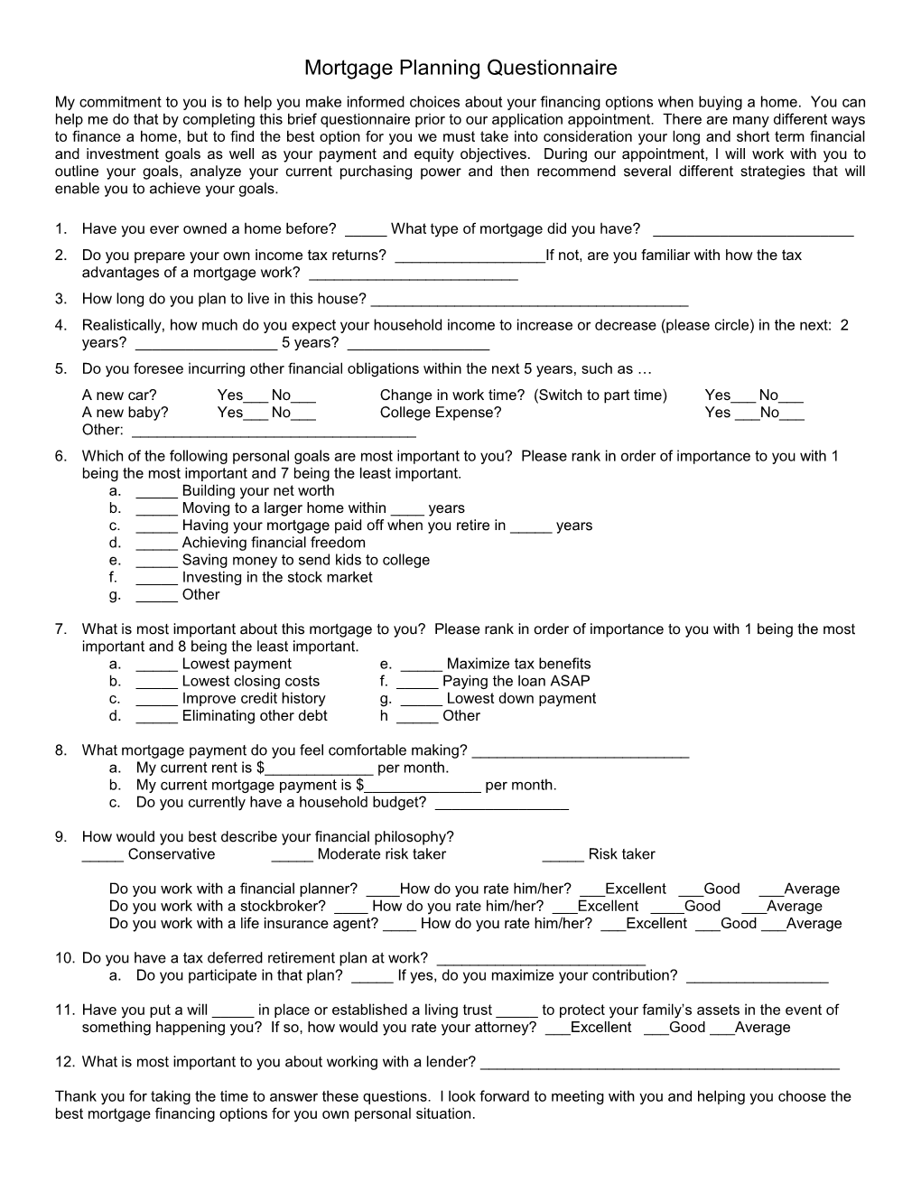 Mortgage Planning Questionnaire