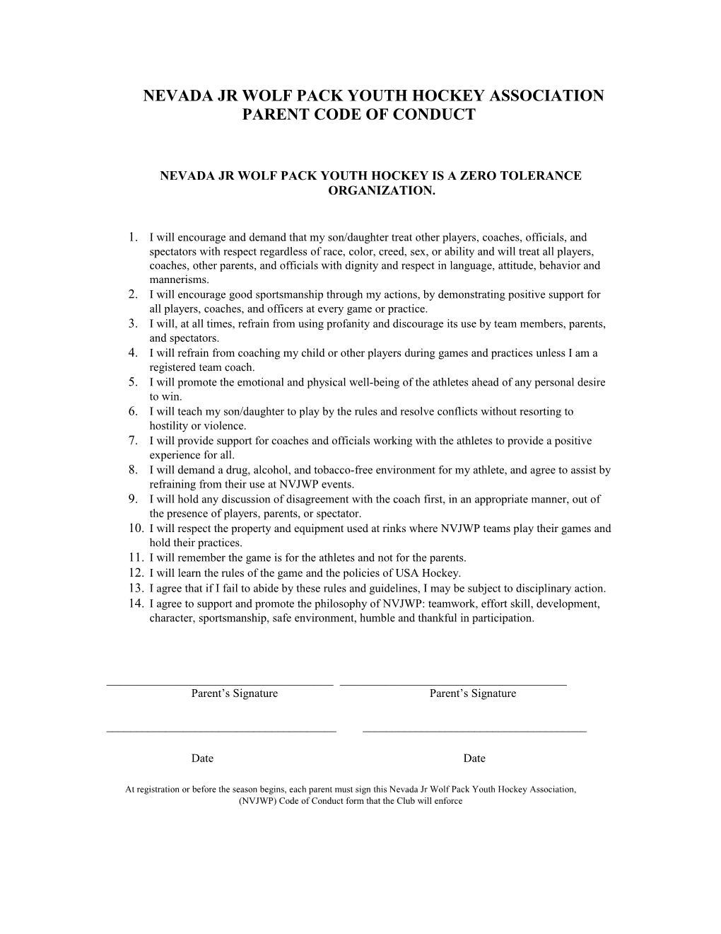 Nevada Jr Wolf Pack Youth Hockey Association Parent Code of Conduct