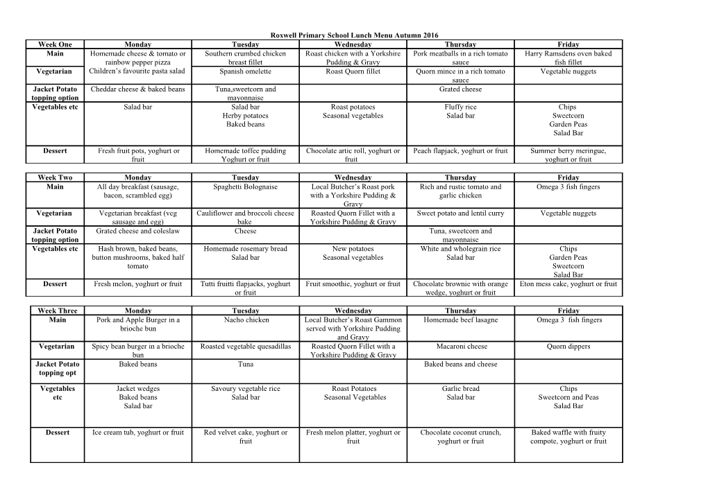 Roxwell Primary School Lunch Menu