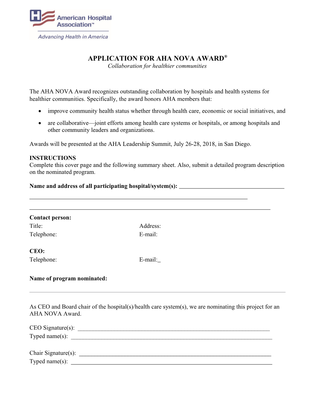 Application for Aha Nova Award