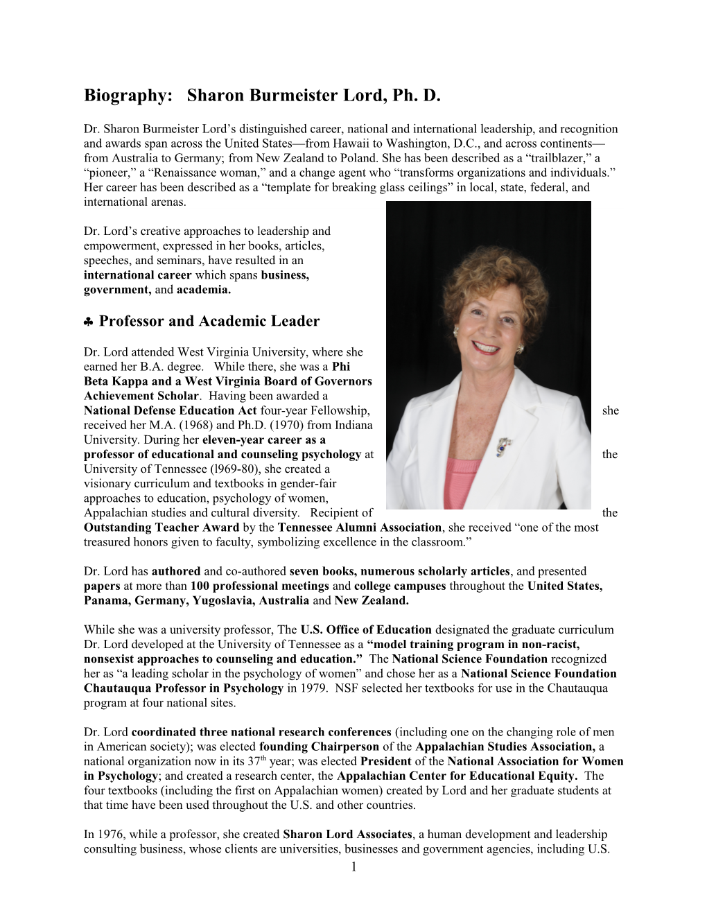 Biography: Sharon Burmeister Lord, Ph. D