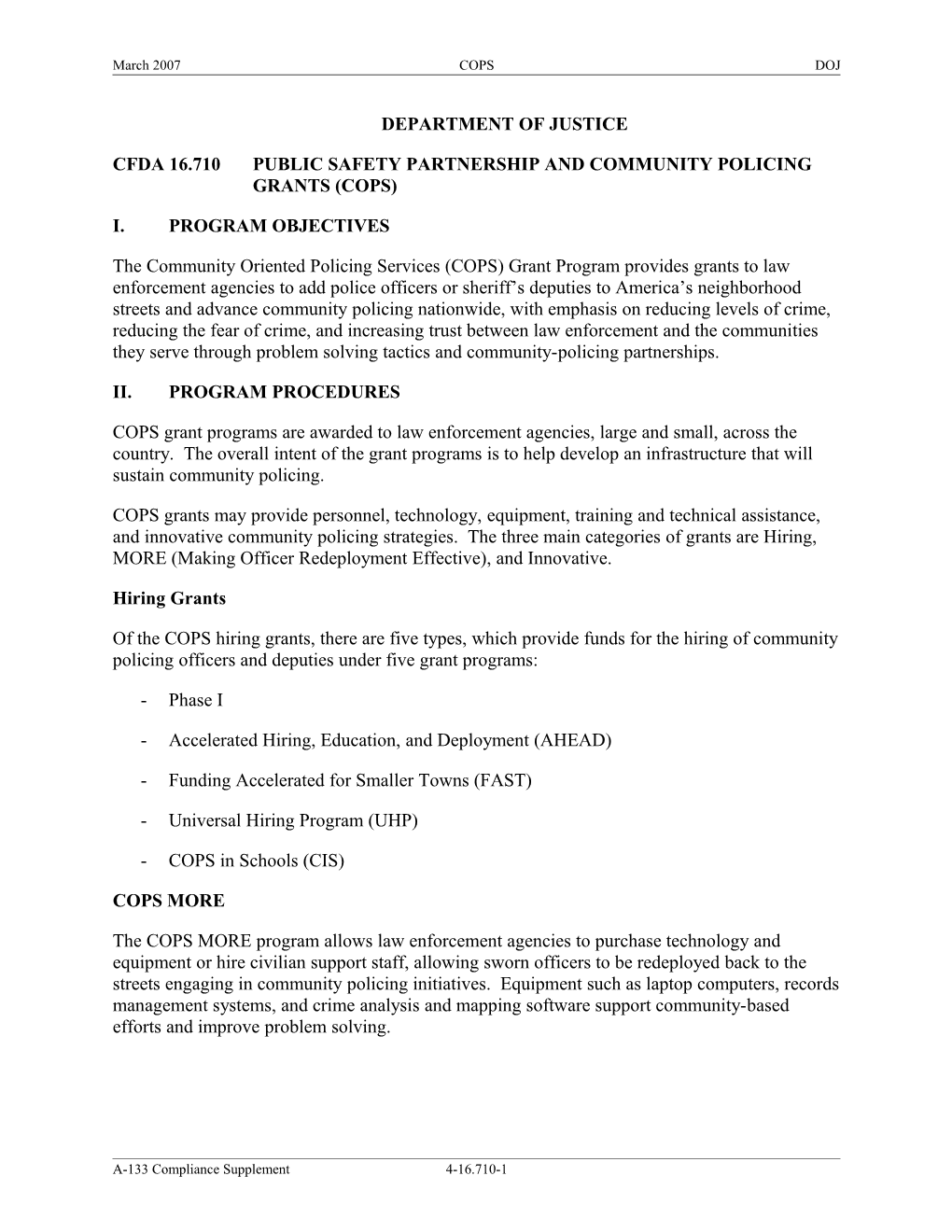 Cfda 16.710Public Safety Partnership and Community Policing Grants (Cops)