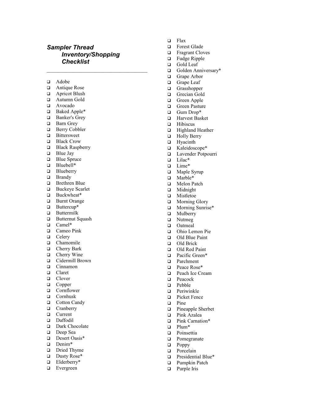 Sampler Thread Inventory/Shopping Checklist