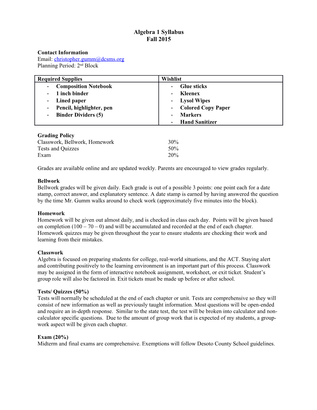 Algebra 1 Syllabus s1