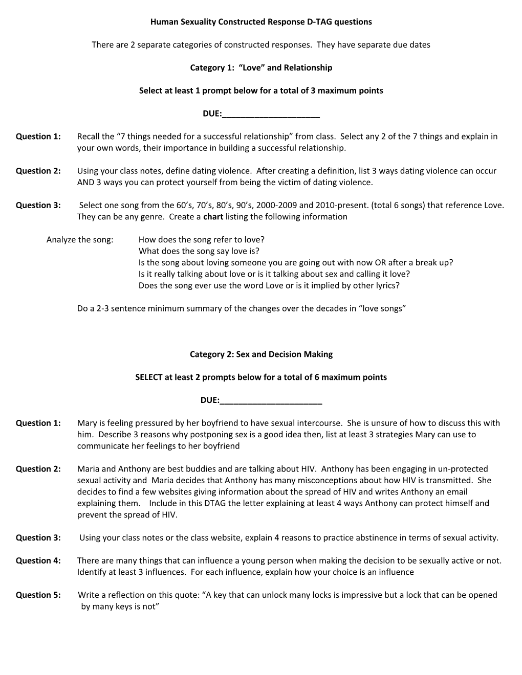 Human Sexuality Constructed Response D-TAG Questions