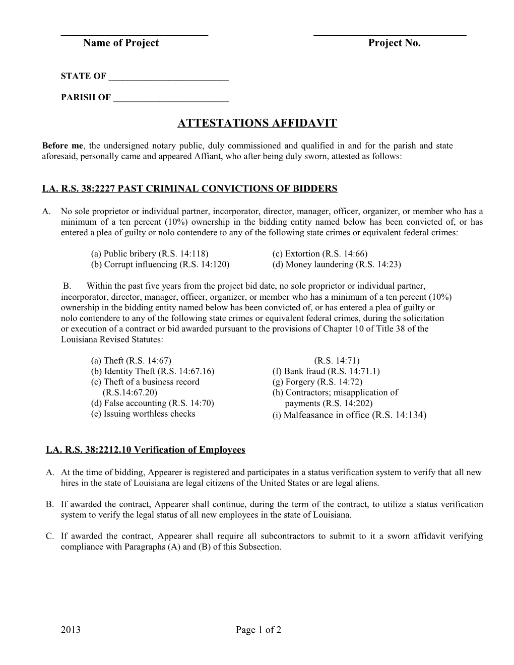 La. R.S. 38:2227 Past Criminal Convictions of Bidders