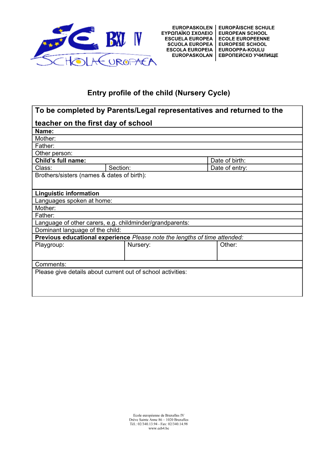 Entry Profile of the Child (Nursery Cycle)