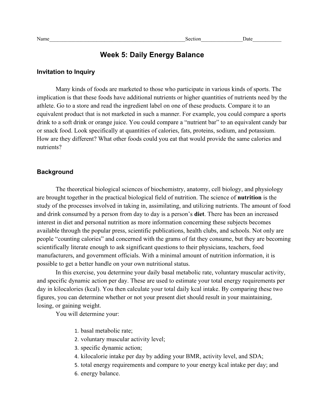 Week 5: Daily Energy Balance