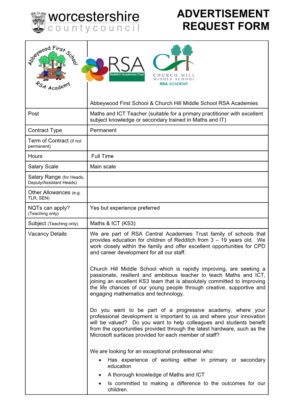 Form to Send to SES for Advertising Teaching and Support Staff Vacancies