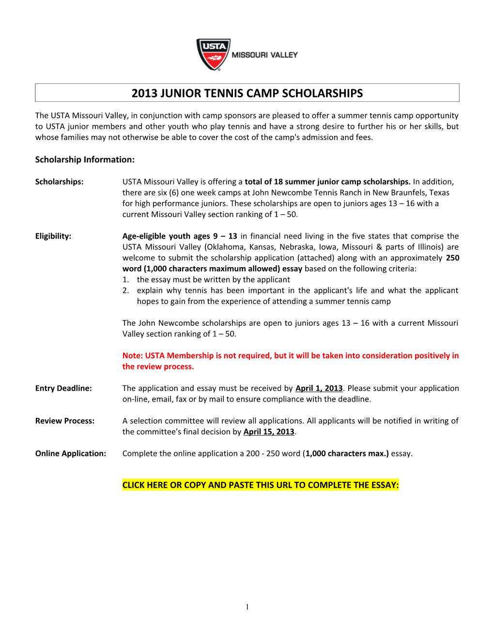 2013 Junior Tennis Camp Scholarships