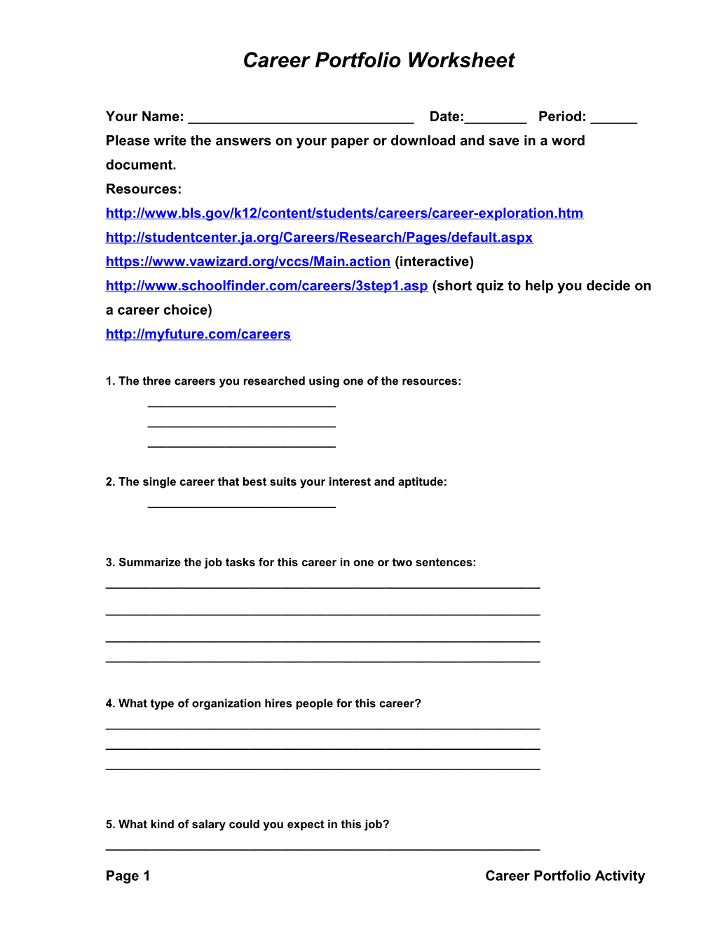 Career Portfolio Worksheet