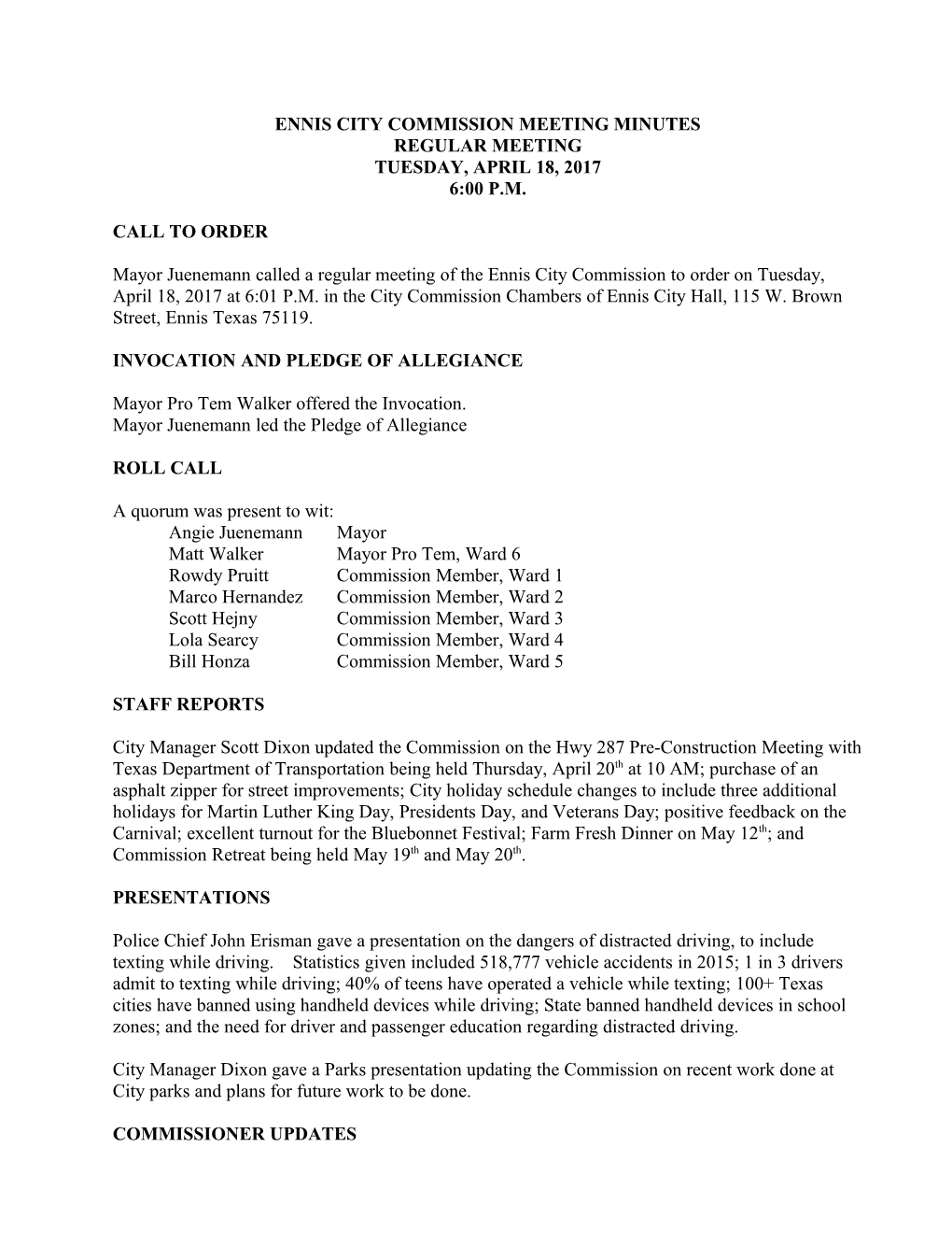 Ennis City Commission Meeting Minutes s1