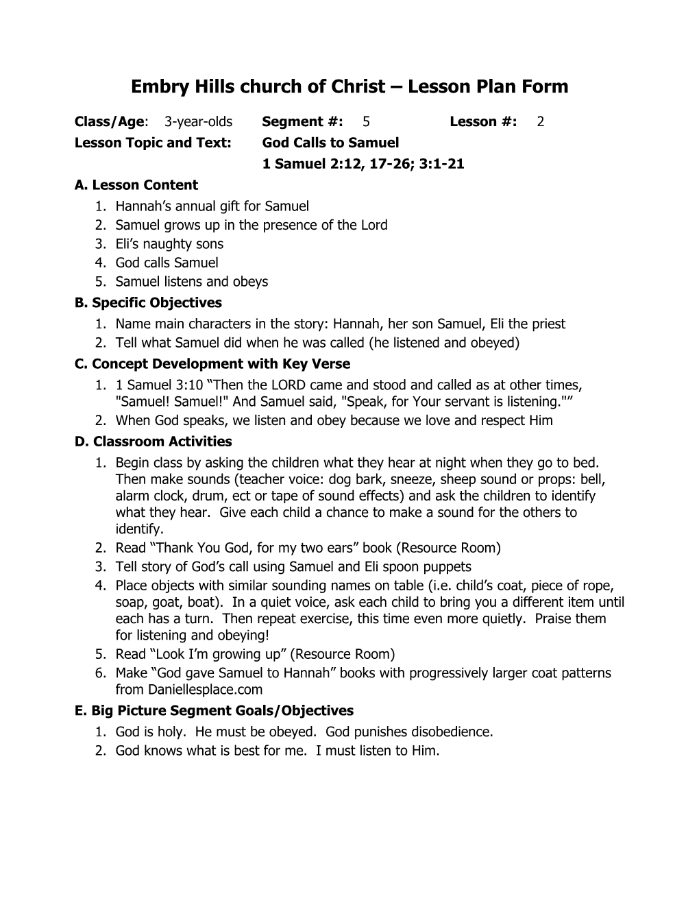 Embry Hills Church of Christ Lesson Plan Form s1