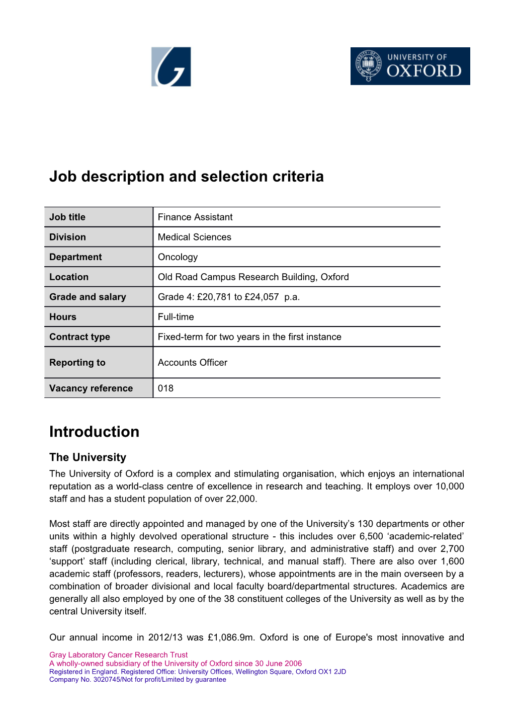 Job Description and Selection Criteria