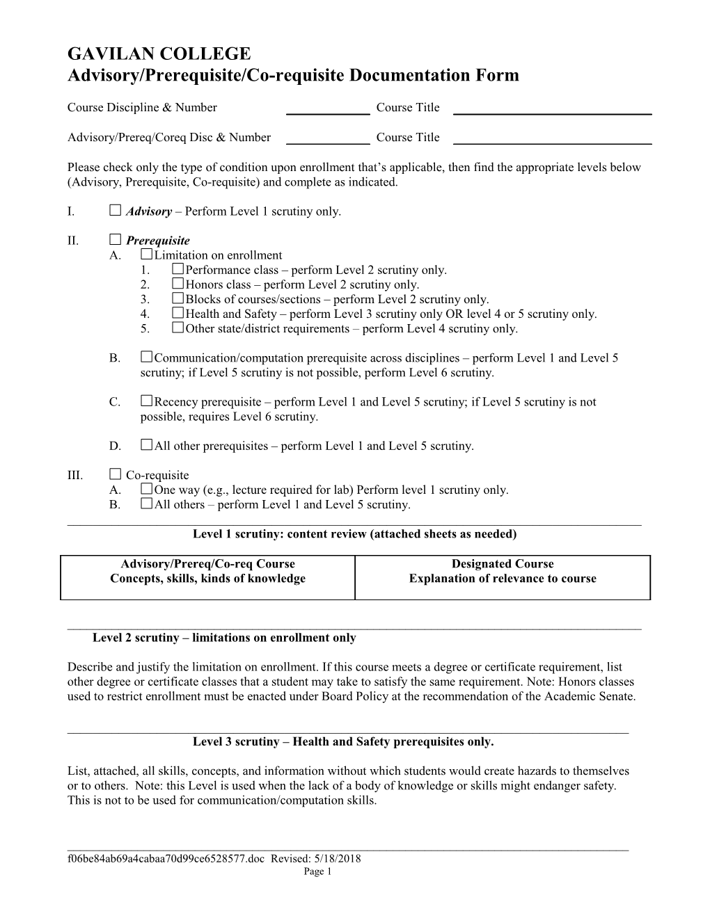 Advisory/Prerequisite/Co-Requisite Documentation Form