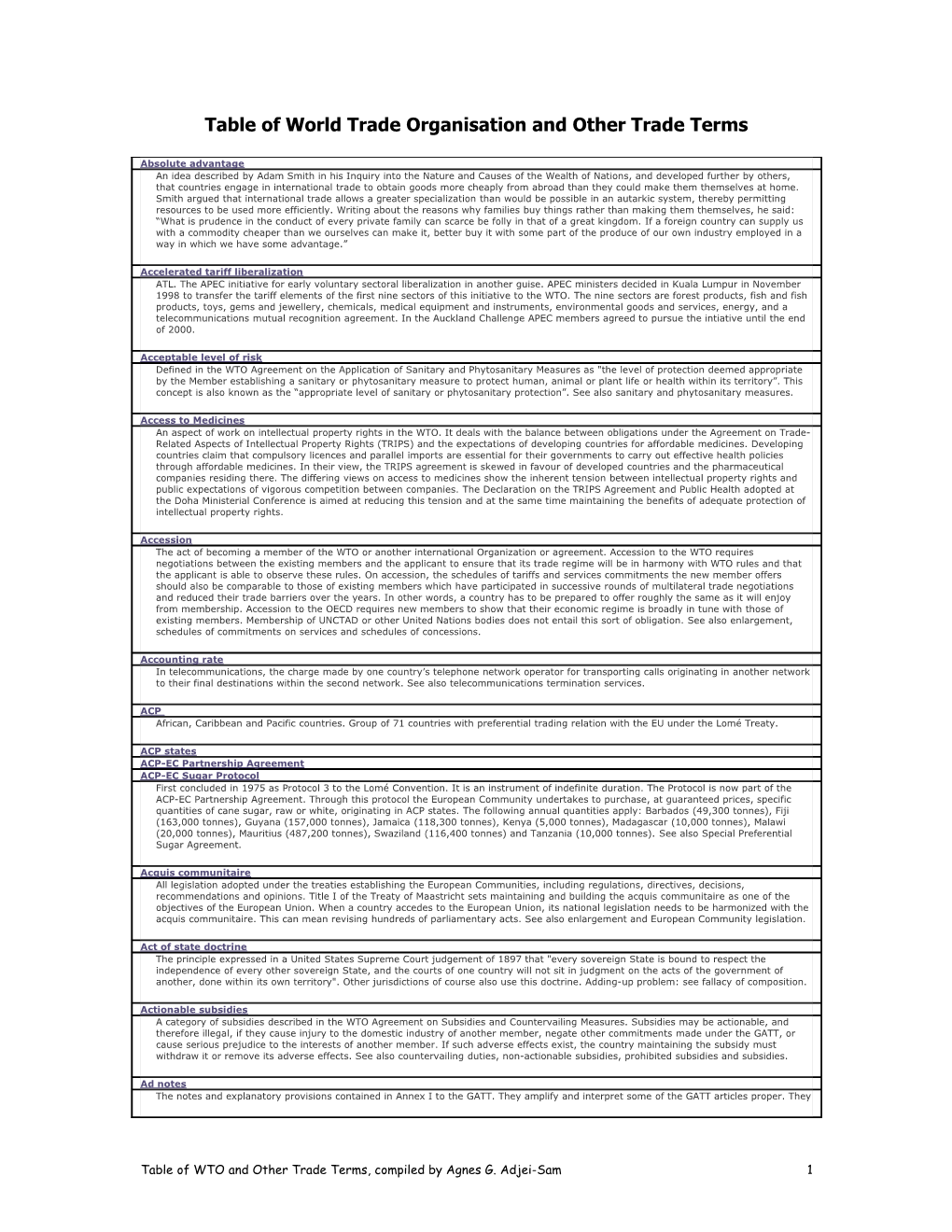 Table of World Trade Organisation and Other Trade Terms