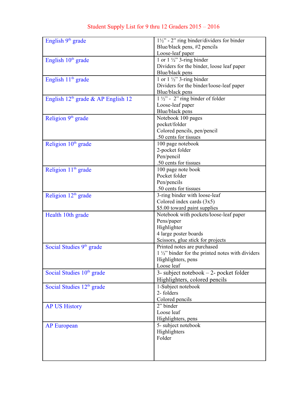 Student Supply List 2011- 2012