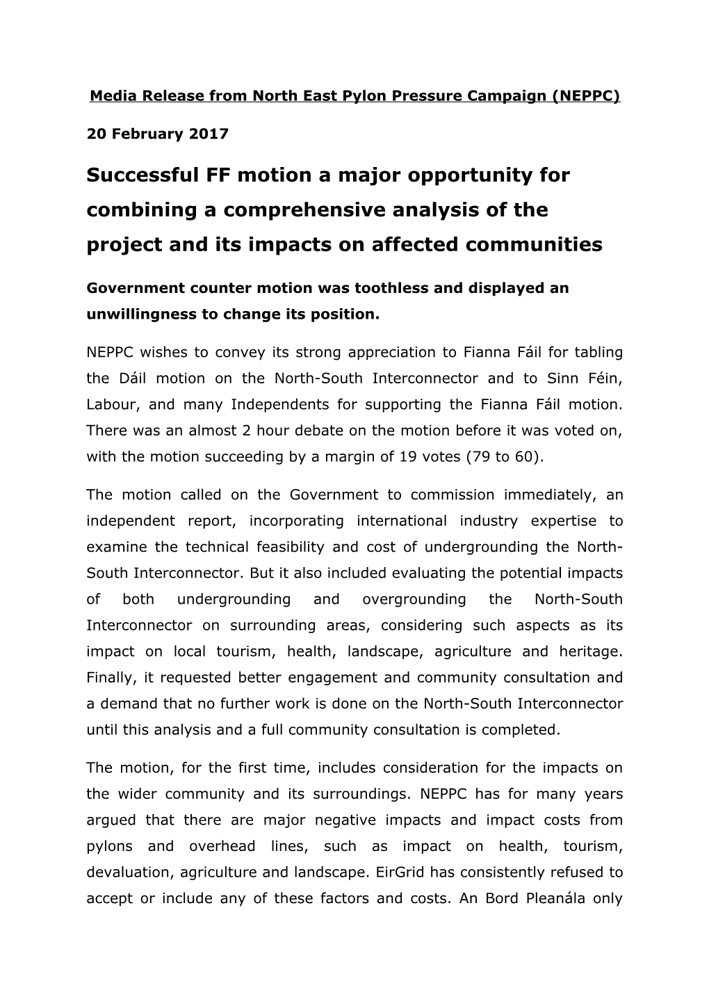 Media Release from North East Pylon Pressure Campaign (NEPP)
