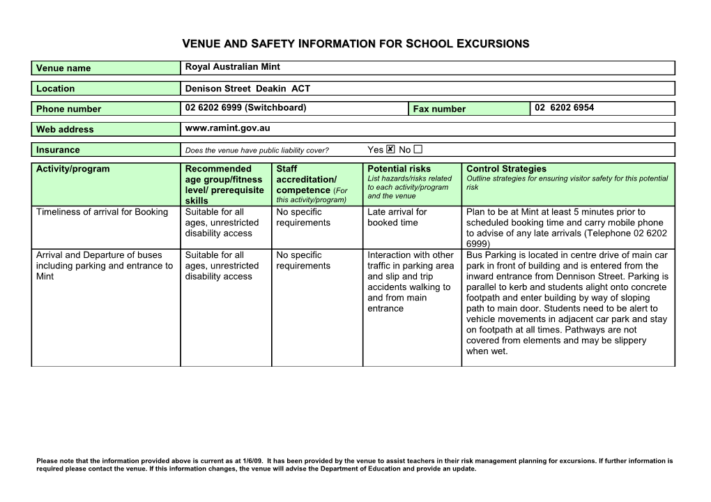 Venue and Safety Information for School Excursions