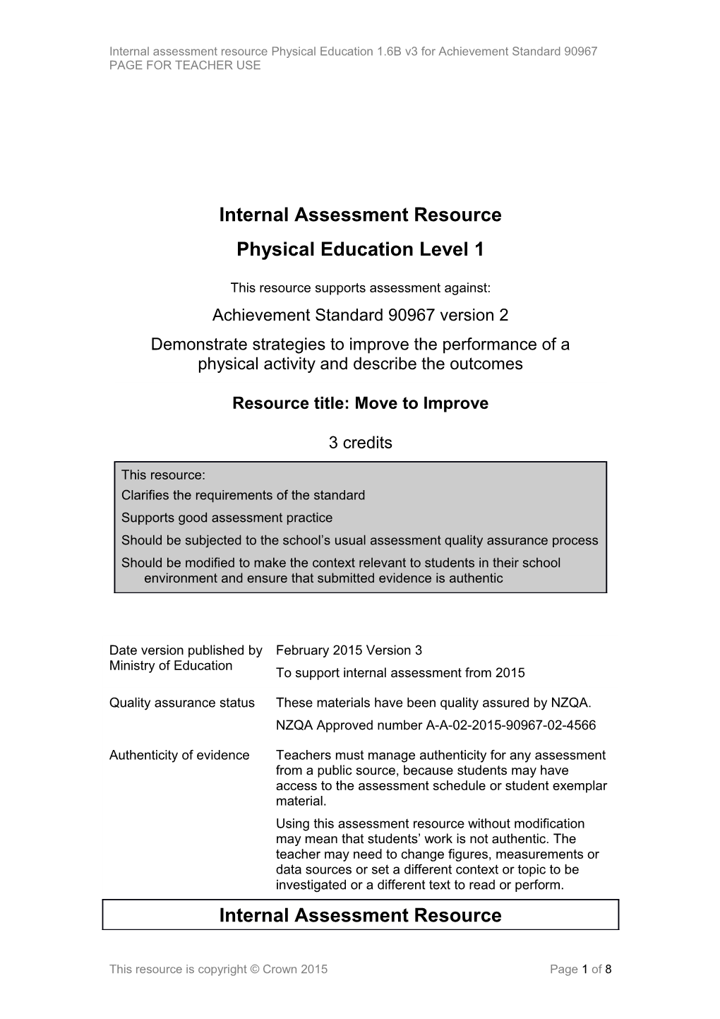Level 1 Physical Education Internal Assessment Resource