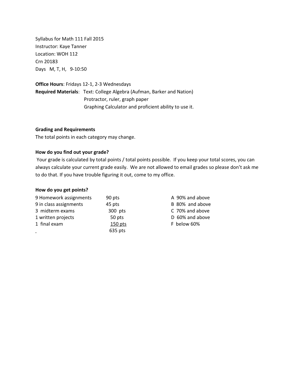 Syllabus for Math 111 Fall 2015