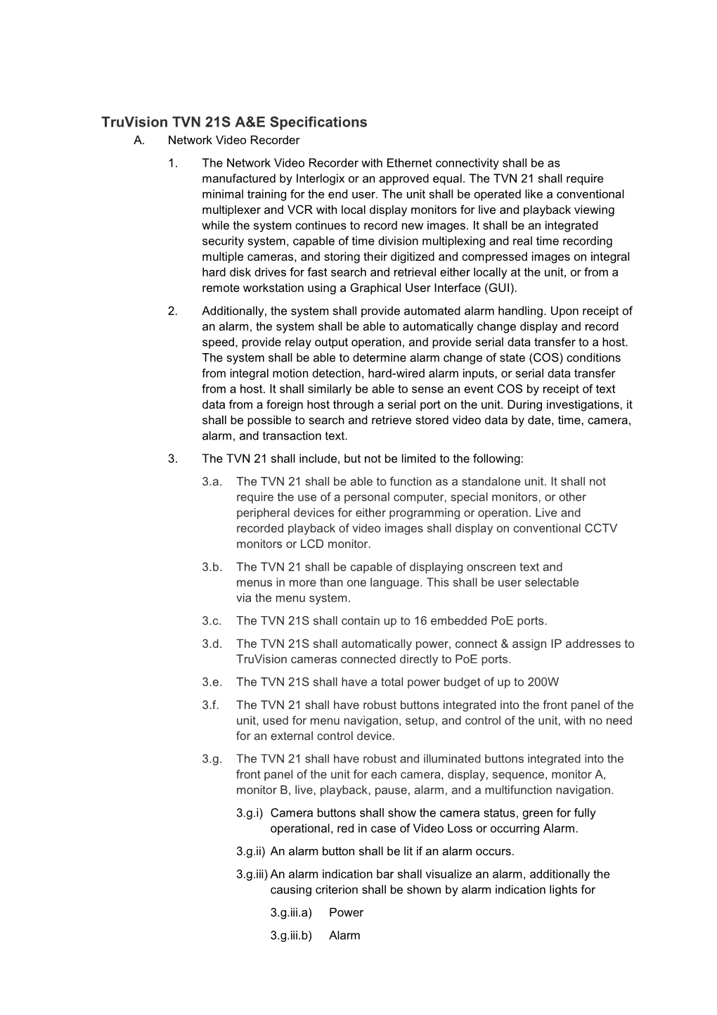 Truvision TVN 21S A&E Specifications