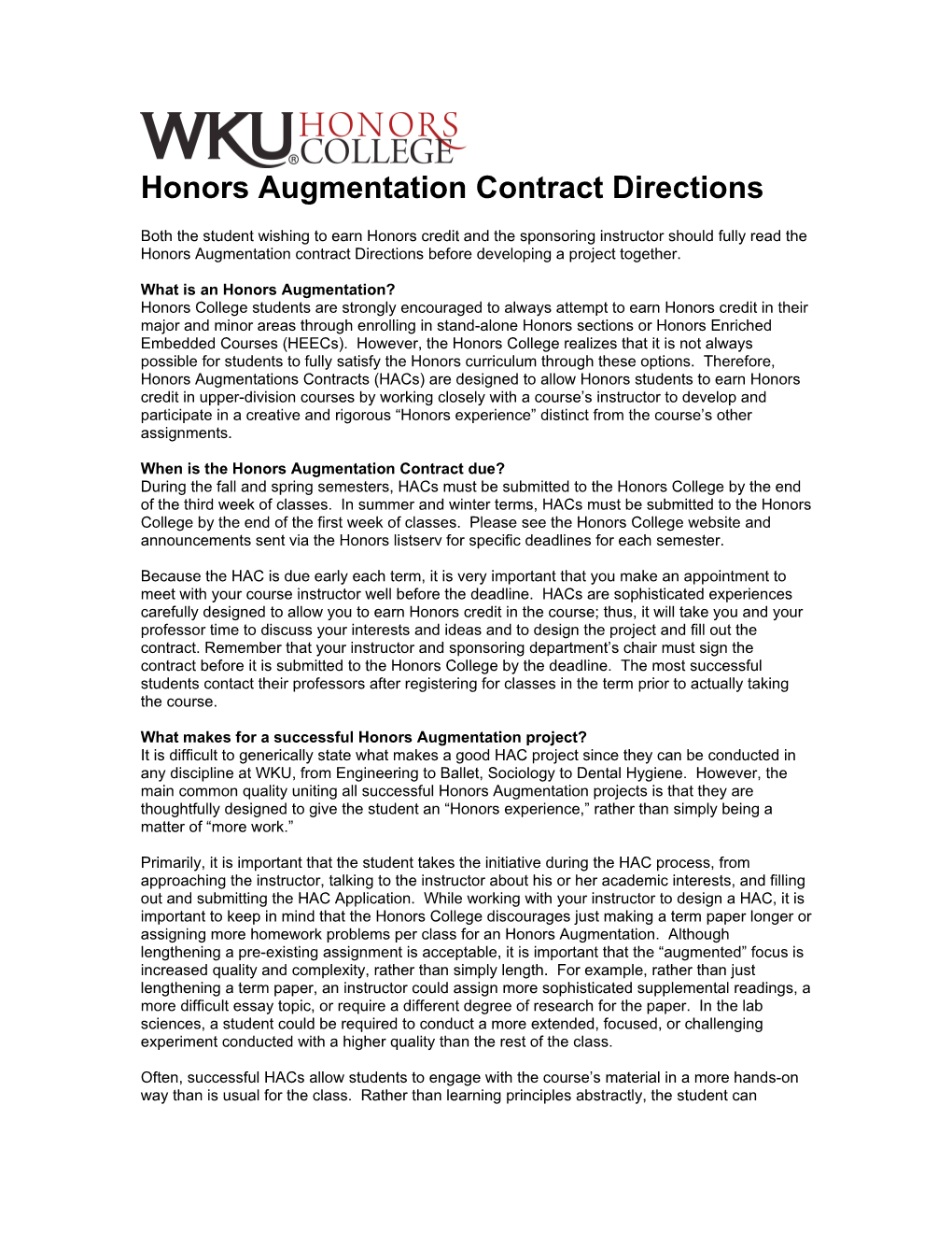 Honors Augmentation Contractdirections