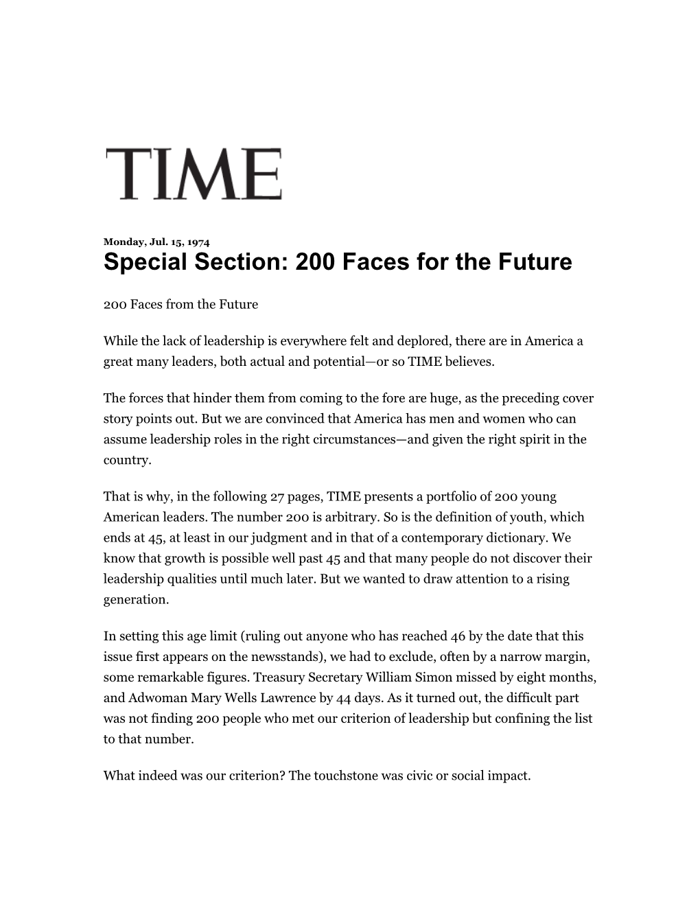 Special Section: 200 Faces for the Future
