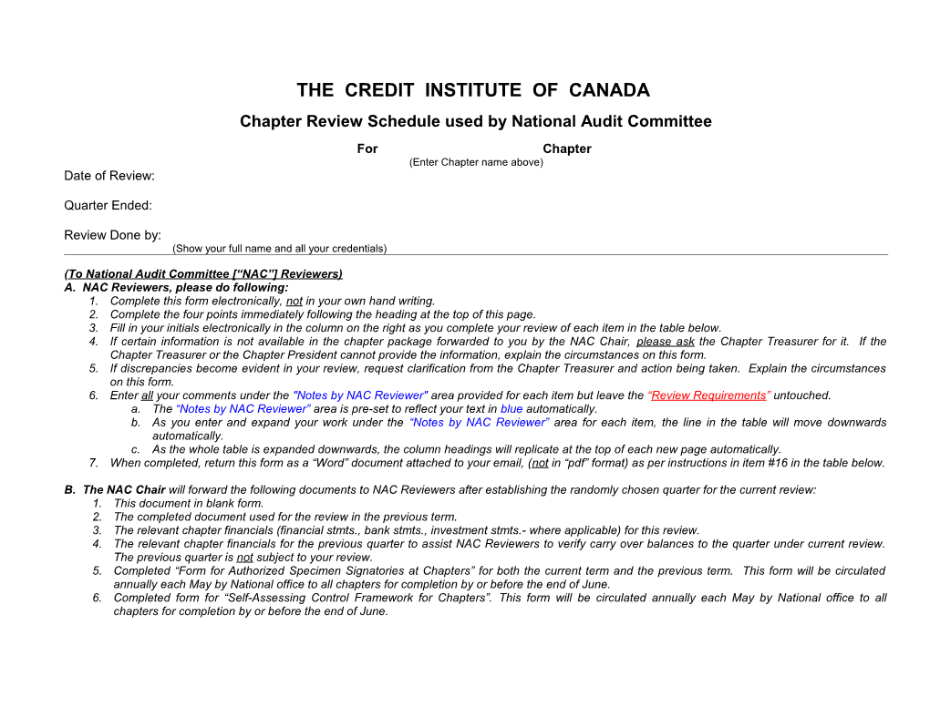 Chapter Review Schedule Used by National Audit Committee