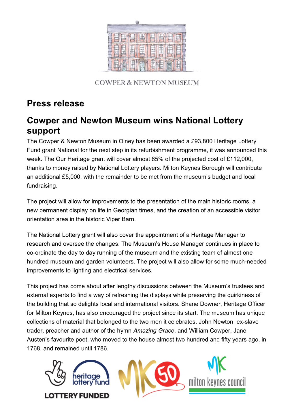 Cowper and Newton Museum Wins National Lottery Support