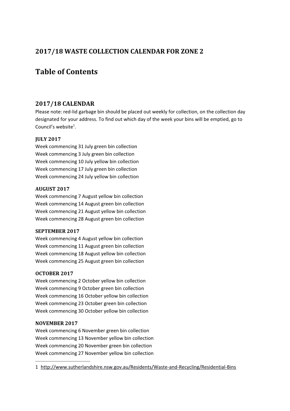 July 2017 to June 2018 Waste Collection Calendar for Zone 2