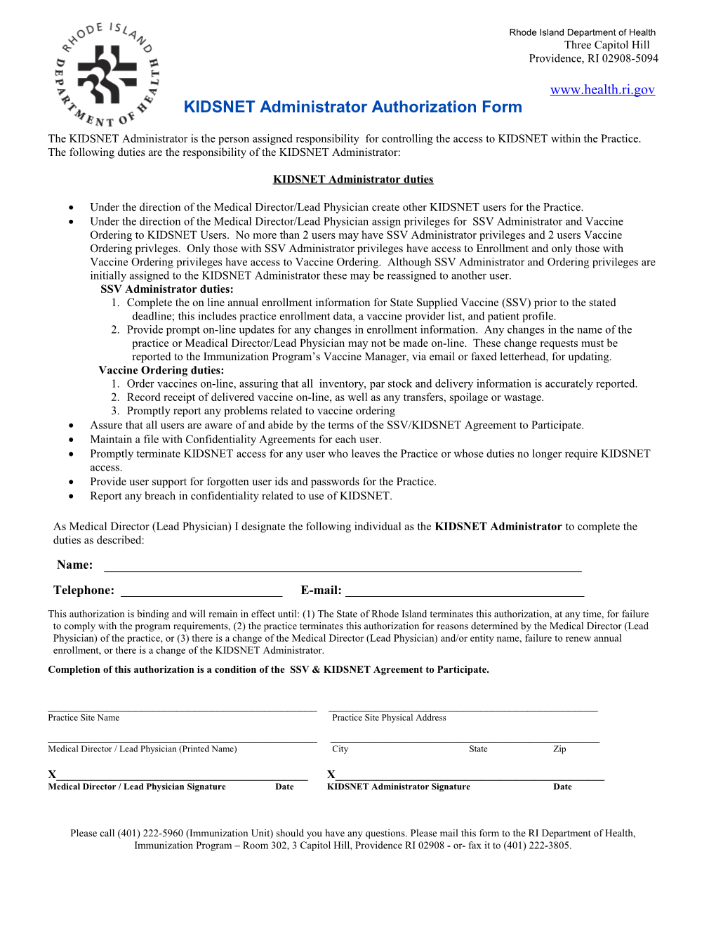 KIDSNET Administrator Authorization Form