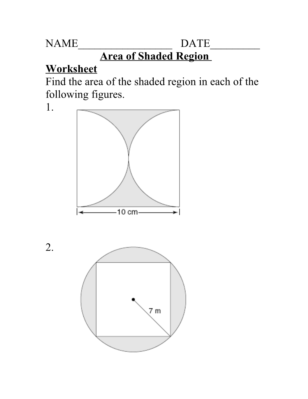 Area Of Shaded Region Worksheet