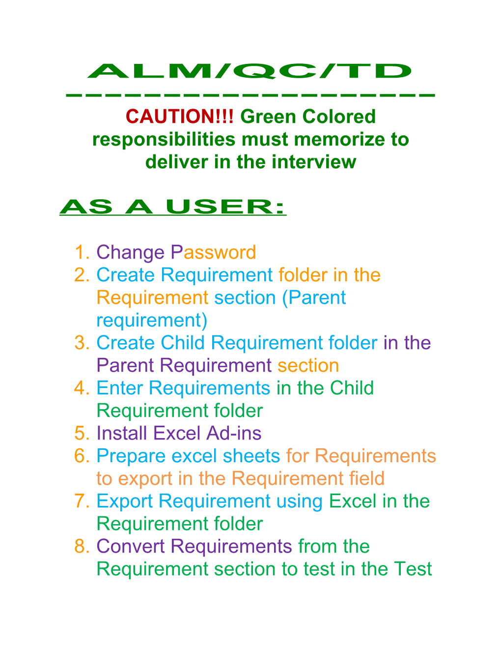 CAUTION Green Colored Responsibilities Must Memorize to Deliver in the Interview