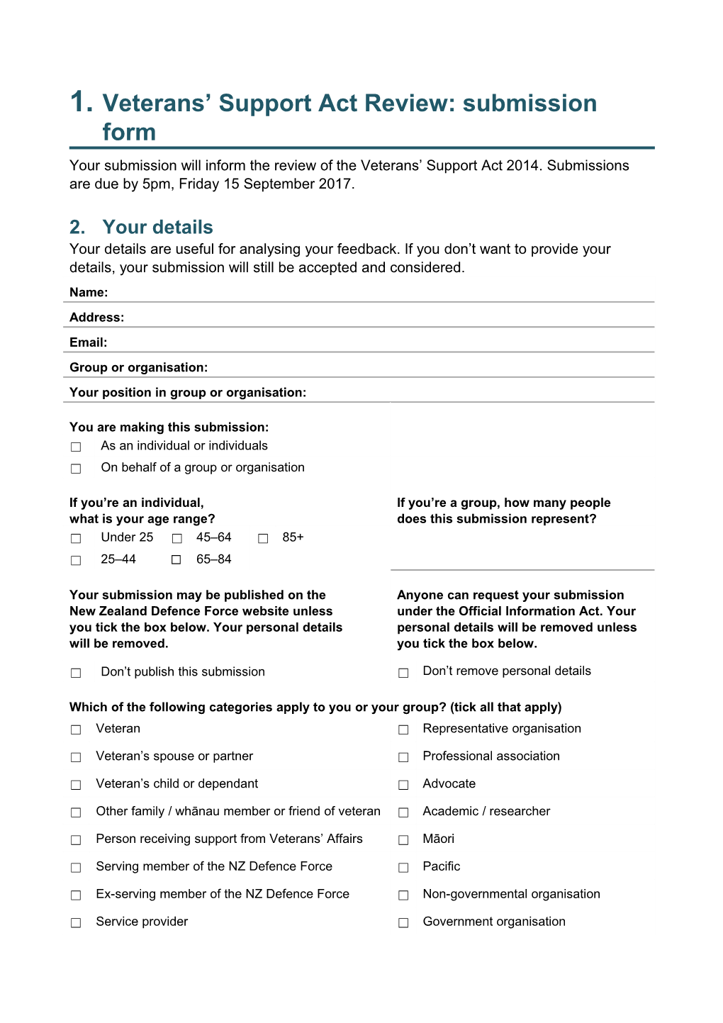 Veterans Support Act Review: Submission Form