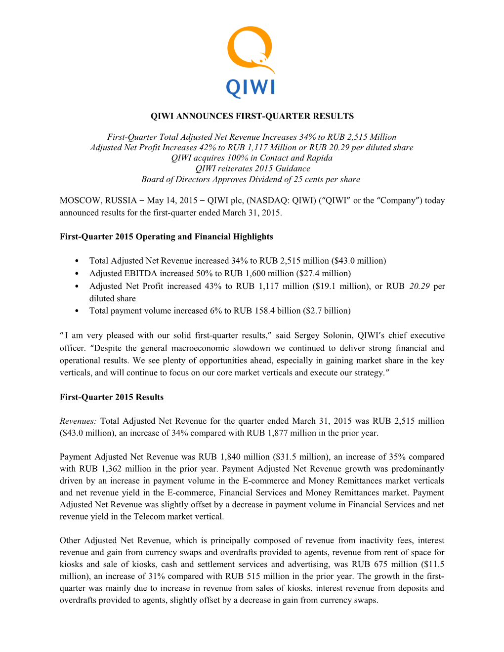 Qiwi Announces First-Quarter Results