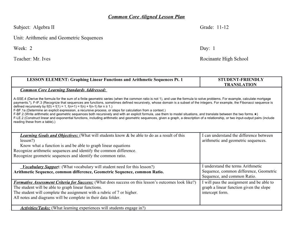 Common Core Aligned Lesson Plan