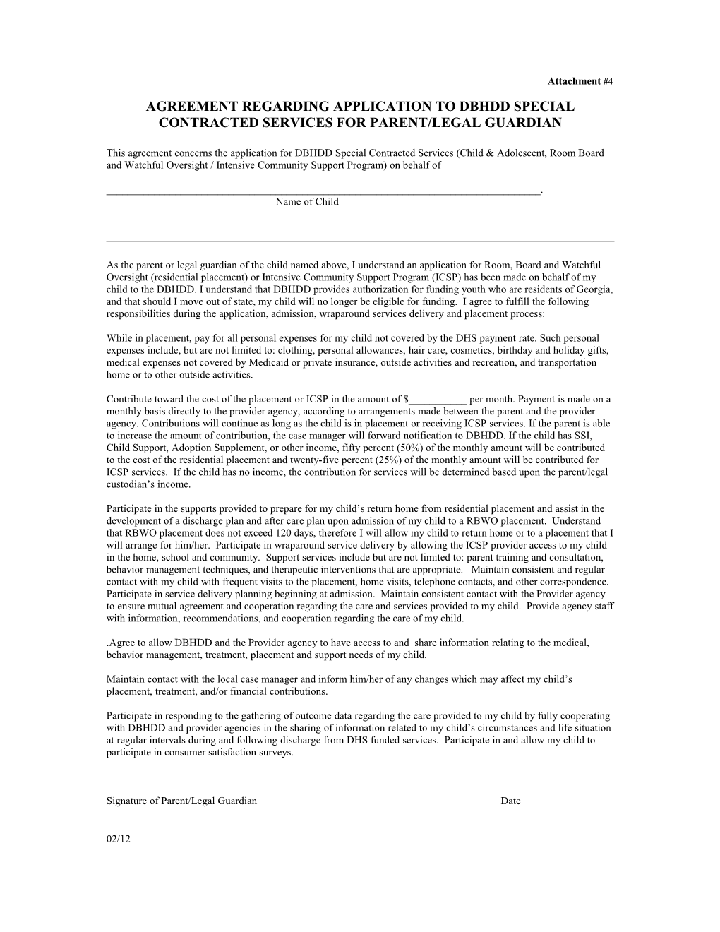 Agreement Regarding Application to Dbhdd Special Contracted Services for Parent/Legal Guardian