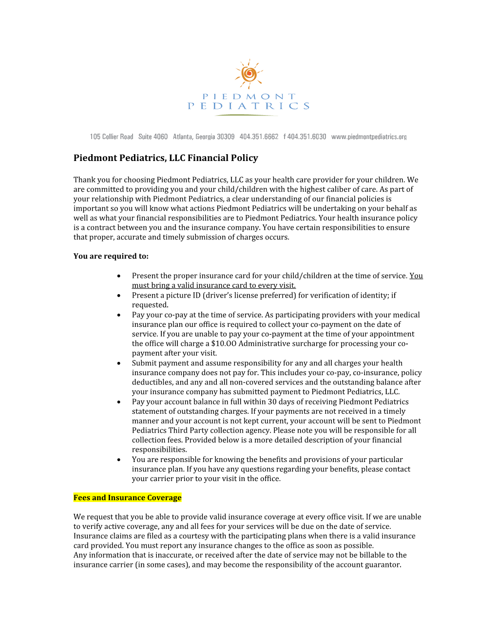 Piedmont Pediatrics, LLC Financial Policy