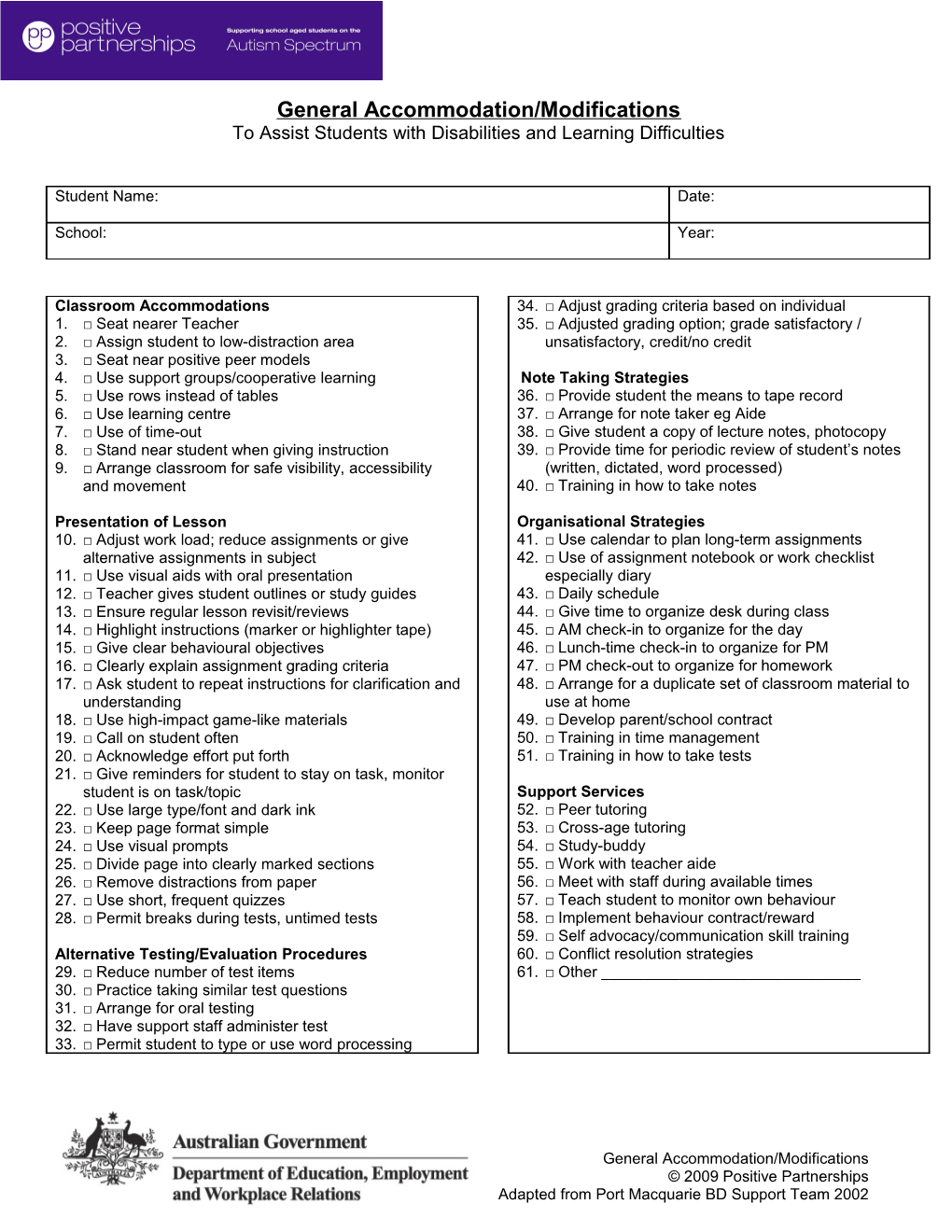 General Accommodation/Modifications