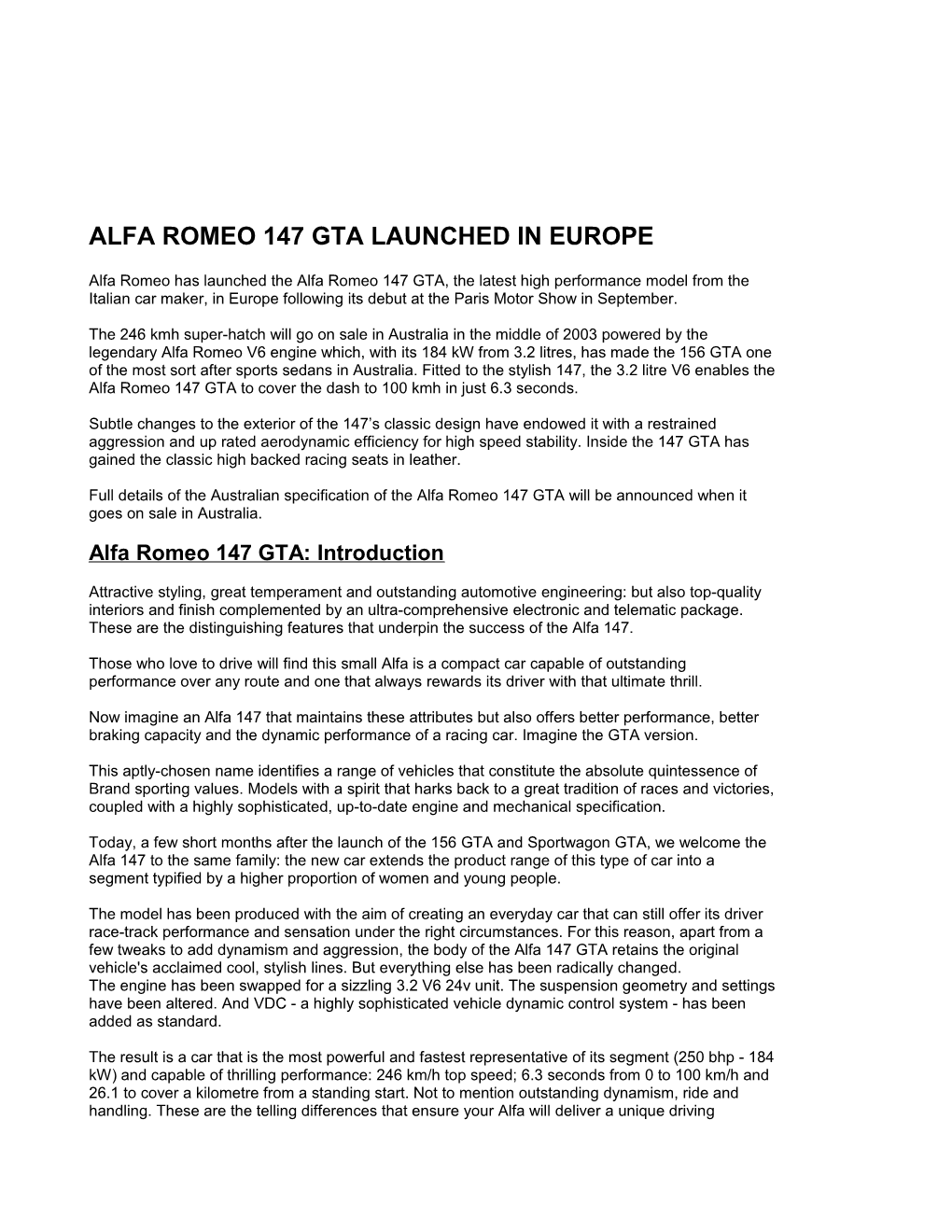 Alfa Romeo 147 Gta Launched in Europe