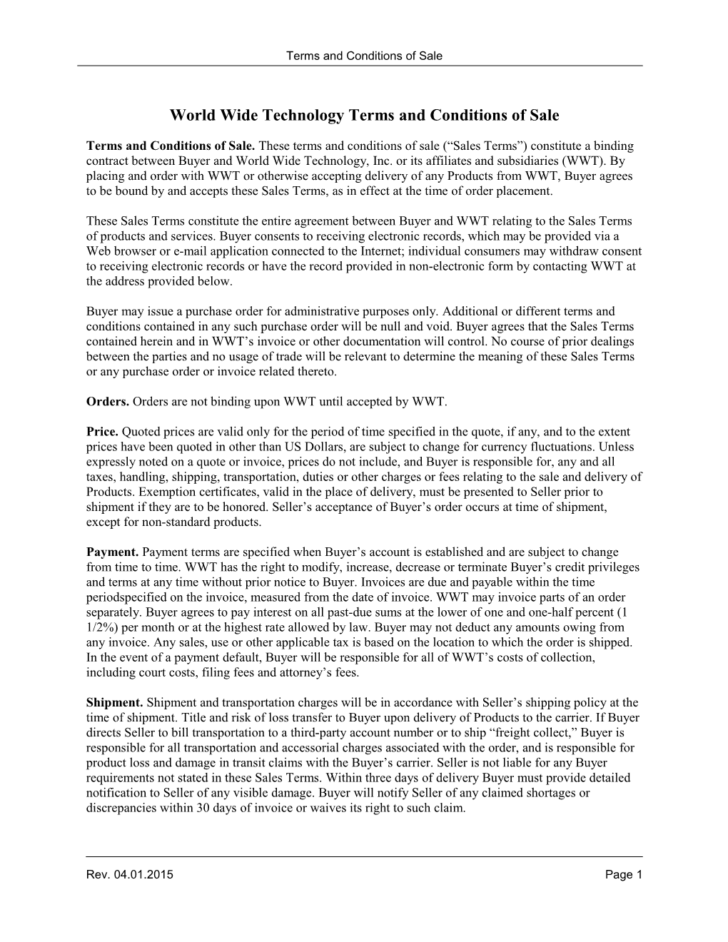 World Wide Technology ("WWT") Terms And Conditions Of Sale