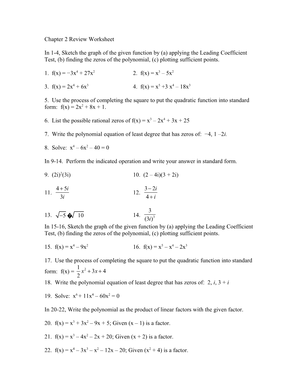 Chapter 2 Review Worksheet
