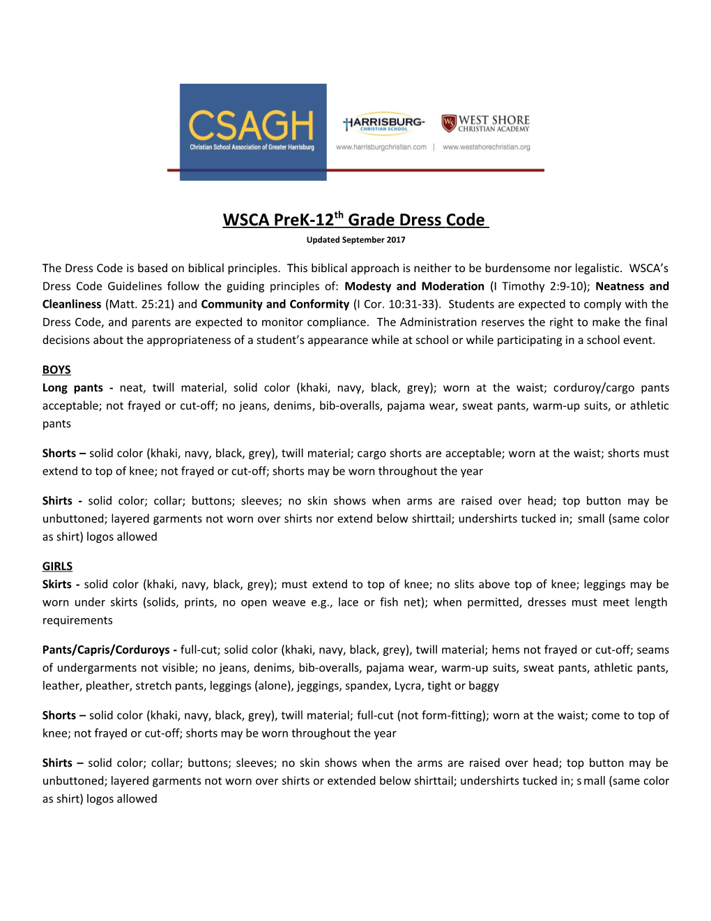 WSCA Prek-12Th Grade Dress Code