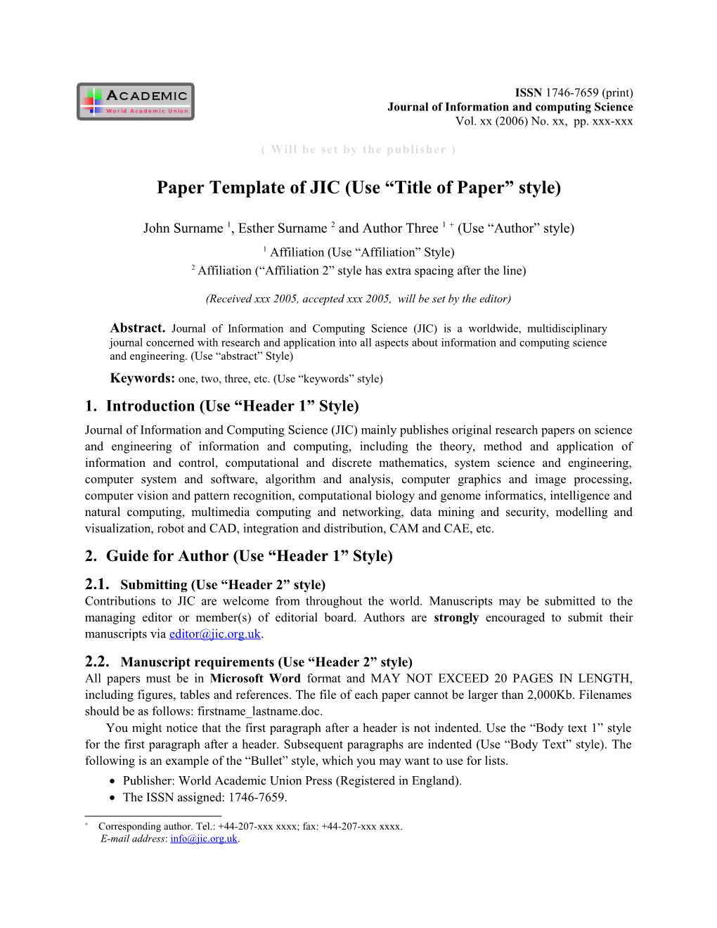 Paper Template of JIC (Use Title of Paper Style)