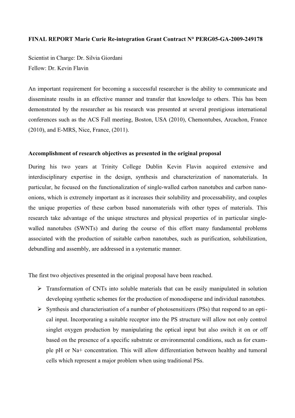 FINAL REPORT Marie Curie Re-Integration Grant Contract N PERG05-GA-2009-249178