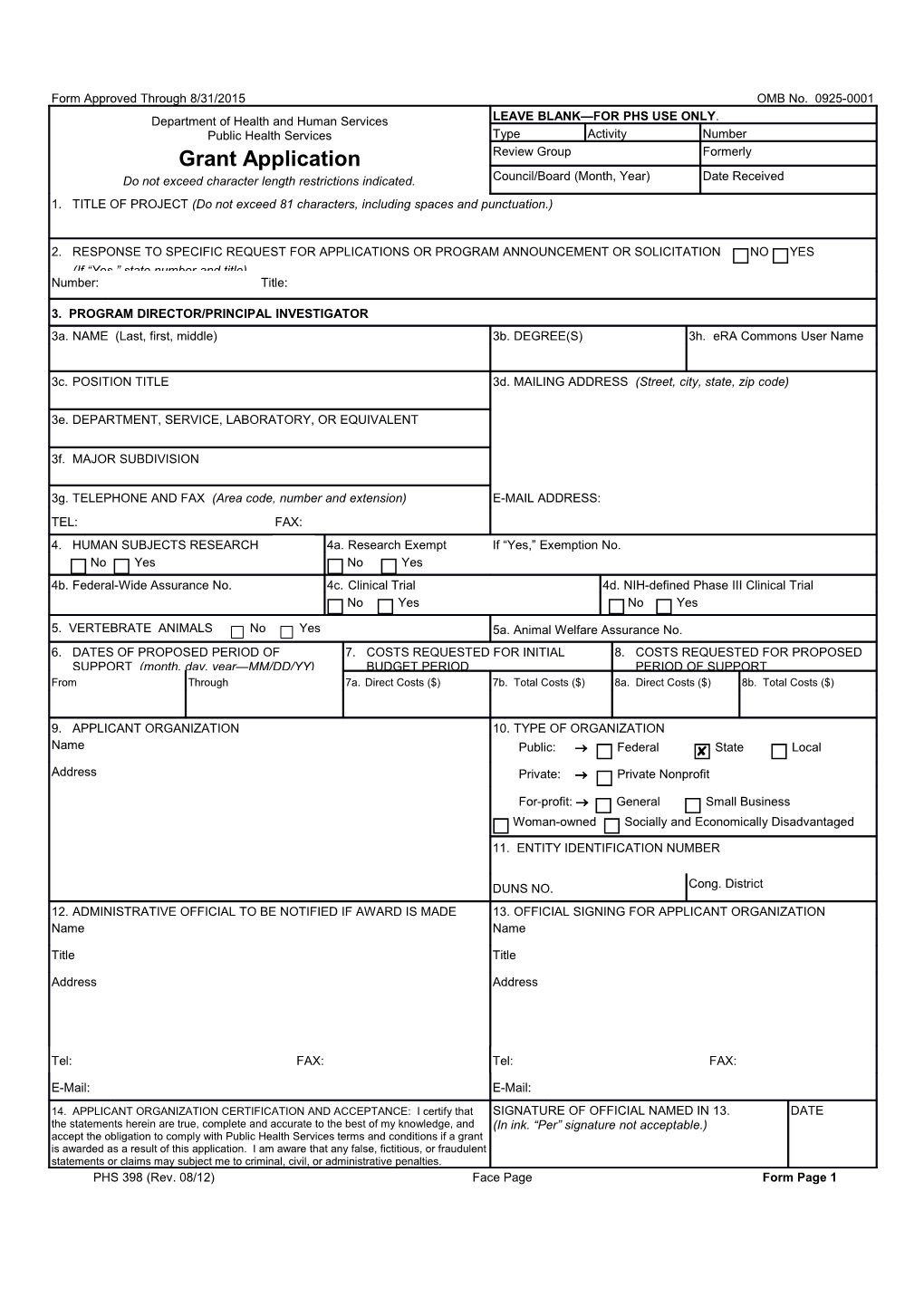 PHS 398 (Rev. 08/12), OMB No. 0925-0001, Face Page, Form Page 1 s1