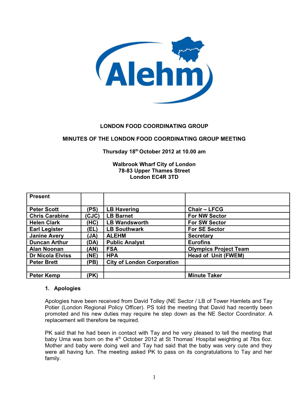 Minutes of the London Food Coordinating Group Meeting